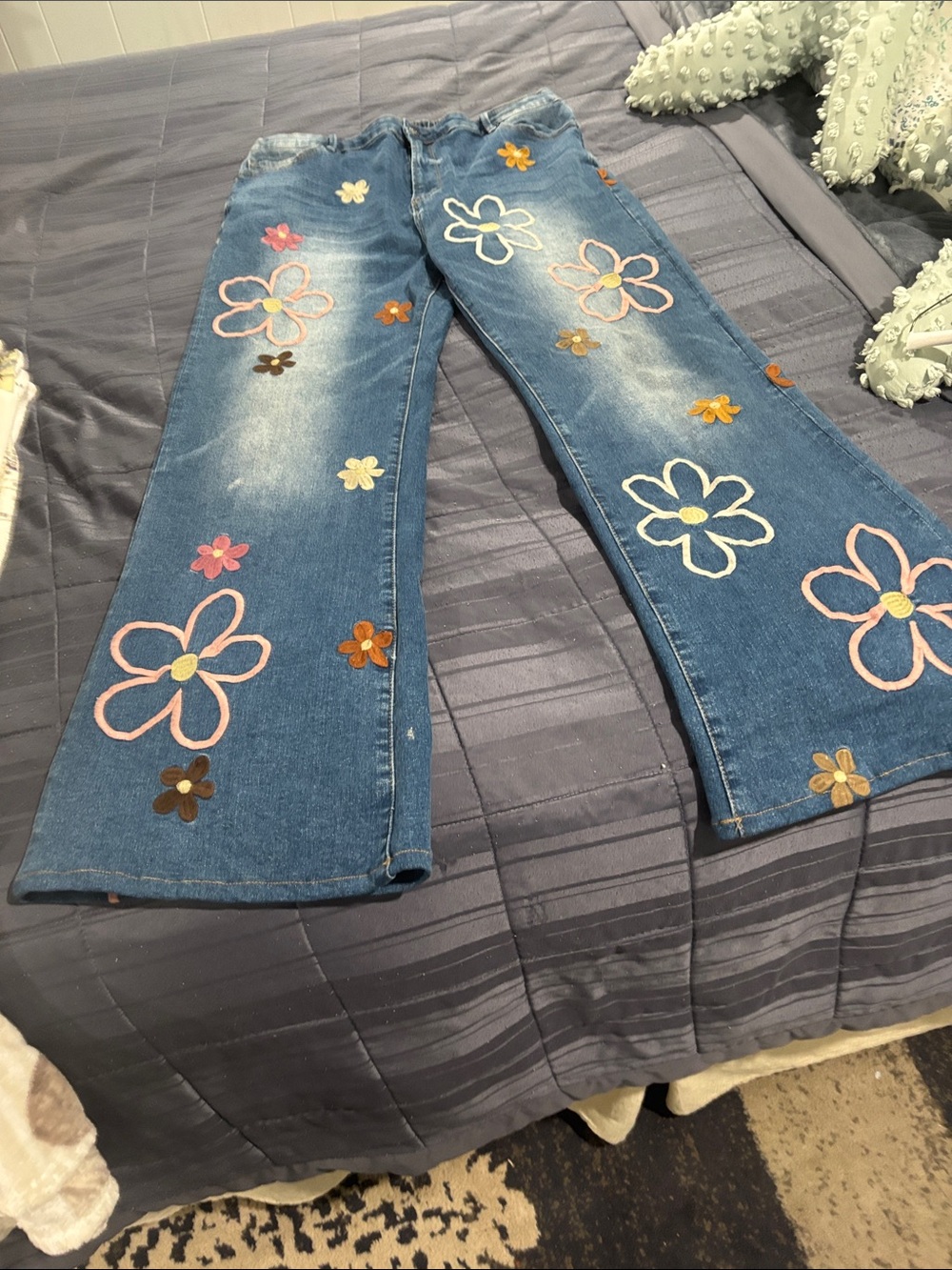 Blue Floral Embroidered Wide-Leg Jeans